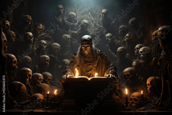 Fototapeta a scene filled with darkness and mysticism. In the center sits a corpse-like figure with long hair and ancient clothes covered with cobwebs and dust 