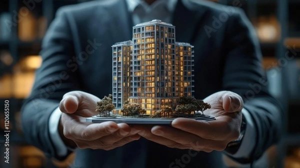 Obraz Businessman Holding Miniature Building Model in Corporate Setting for Rental and Investment Reference