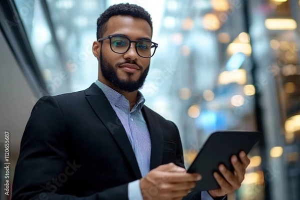 Fototapeta Businessman using digital devices in a modern corporate environment with a sleek design and contemporary lighting