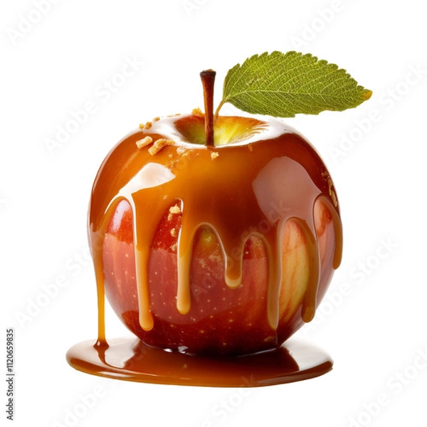Fototapeta Apple with Caramel Dip and Leaf Garnish on White Background