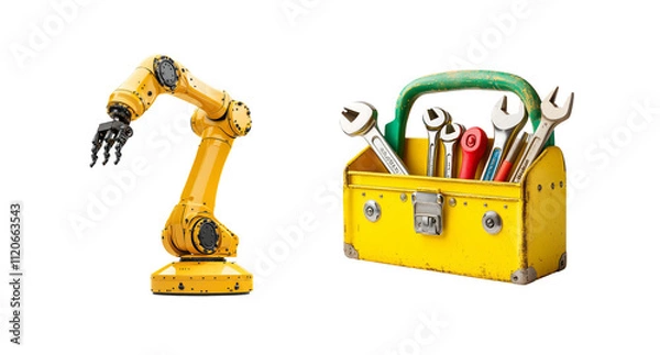 Fototapeta Robotic Arm and Toolbox with Tools on Transparent Background