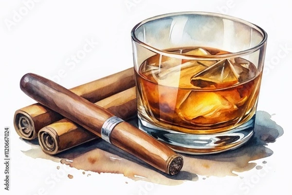 Fototapeta A stunning watercolor portrays whiskey and cigar within an opulent setting, evoking sophistication, relaxation, and indulgence, featuring fine spirits and serene artistry in elegant decor.