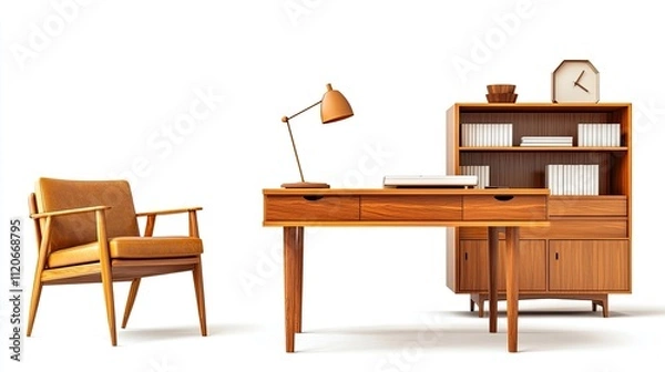 Fototapeta A stylish wooden desk with a chair and bookshelf, ideal for a modern workspace.