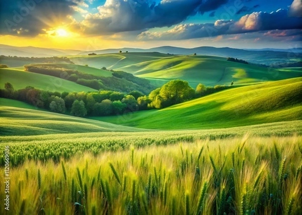 Fototapeta A tranquil spring field of winter wheat, framed by vibrant hills and colorful plots, embodies the beauty of nature's vibrancy and peaceful serenity.