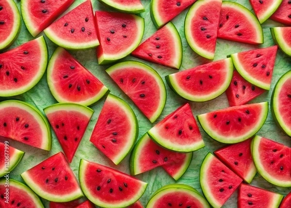 Fototapeta Bright and vibrant watermelon slice backdrop, perfect for summer promotions. Juicy textures and colorful patterns enhance food and beverage marketing, bringing refreshing vibes to any campaign.
