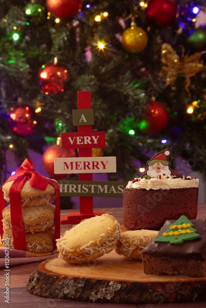 Obraz Desserts and cookies on a table with Christmas decorations