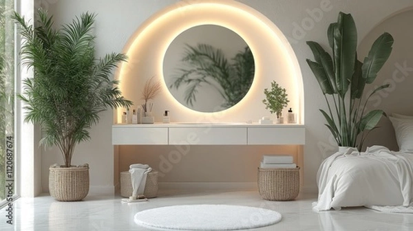 Fototapeta Modern minimalist bedroom with vanity, plants, and round mirror.