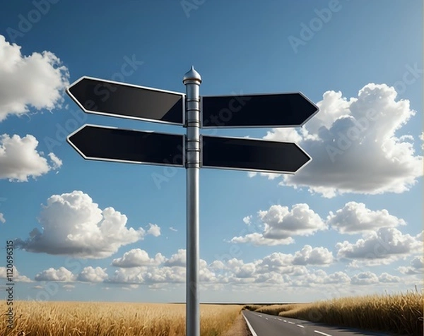 Fototapeta Blank black signpost with four planks in opposite way. Mock up, templateon sky background