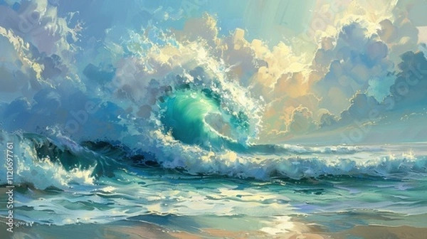 Fototapeta Ocean Splash: As the wave crashes onto the shore, it sends a cool splash into the air, with the morning sunlight reflecting off the water, adding vibrancy to the scene.