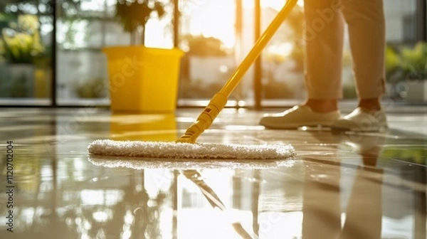 Fototapeta Mopping gleaming floors in sunlight with attentive care and professional skill in a modern environment