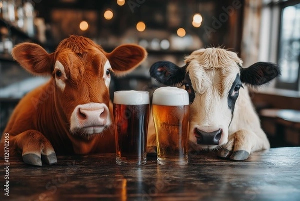 Fototapeta Cows enjoy a relaxing evening at a rustic bar with frosty beers in front of them