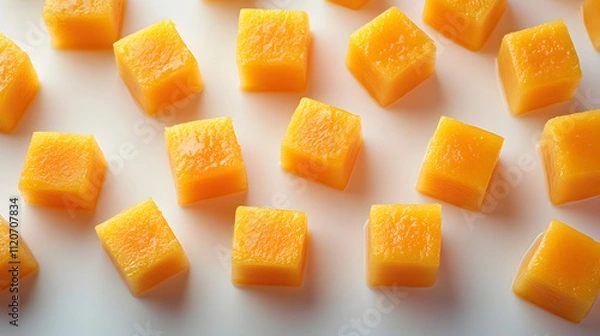Fototapeta Close-up shot of numerous vibrant orange, cube-shaped fruit pieces arranged on a white background.  They appear juicy and possibly made of mango or similar fruit.
