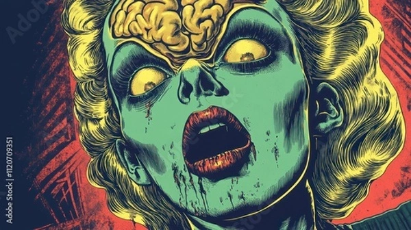 Fototapeta Vintage horror sci-fi art illustration of a zombie alien woman with a glass brai