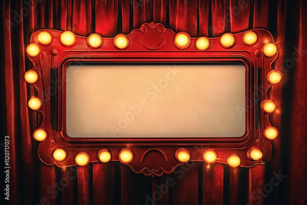 Fototapeta A red retro-style theater marquee with a white background and lights, a vector graphic design.

