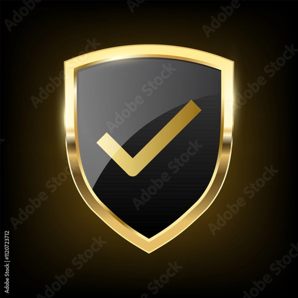 Obraz Golden Check mark, Gold black shield Realistic armory trophy with metal coat, tick icon protection emblem, vintage Approved Label shiny royal award. vector design illustration on dark background 