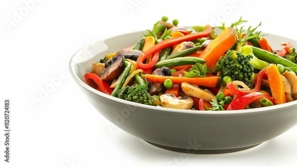 Fototapeta Realistic image of a colorful vegetable stir-fry in a white bowl

