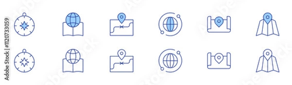 Obraz Map icon set in two styles, Duotone and Thin Line style. Editable stroke. compass, global, map, map location, book, map placeholder