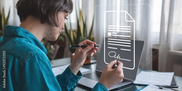 Fototapeta Young Person Editing Digital Document on Touch Screen Device