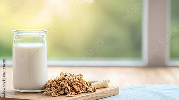 Fototapeta glass of milk and granola on wooden board with blurred green background, creating fresh and healthy breakfast scene