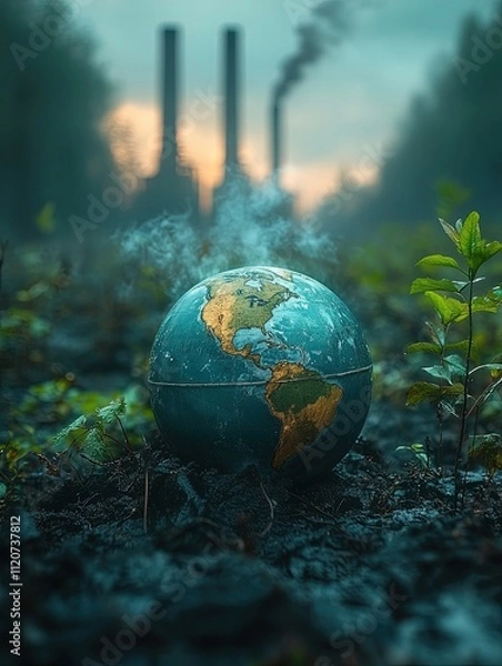 Fototapeta a beautiful green and blue planet earth globe in the garbage heap with beautiful blue sky, environmental and ecology concept