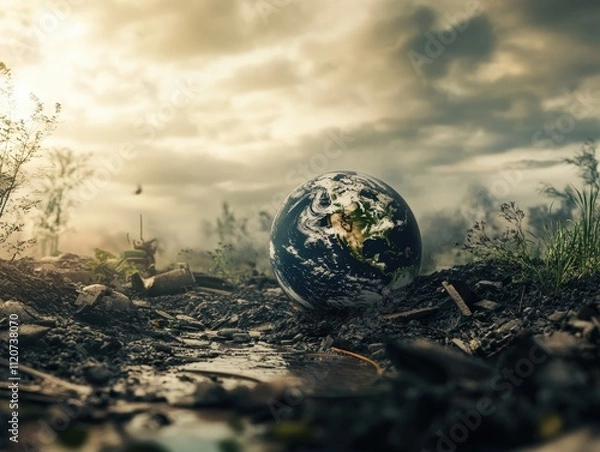 Fototapeta a beautiful green and blue planet earth globe in the garbage heap with beautiful blue sky, environmental and ecology concept