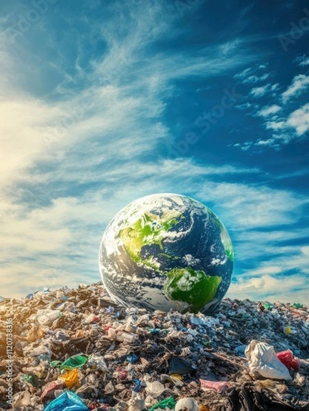Fototapeta a beautiful green and blue planet earth globe in the garbage heap with beautiful blue sky, environmental and ecology concept