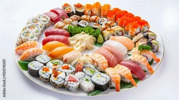 Fototapeta Lifelike photo of a sushi platter with various rolls and sashimi
