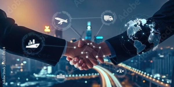 Fototapeta Handshake Symbolizing Global Business Cooperation and Technology