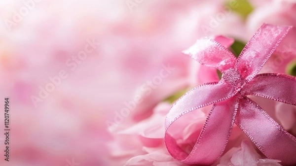 Obraz Pink ribbon atop soft blurred petals, symbolizing awareness and delicacy