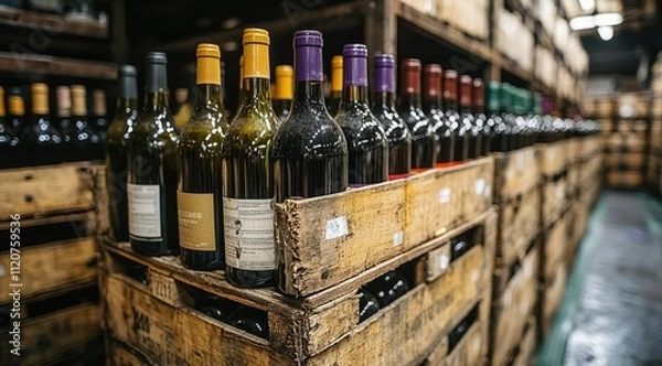 Obraz Rows of wine bottles in wooden crates inside a warehouse.