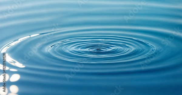 Fototapeta A single water droplet creates concentric ripples on a serene blue surface, capturing the elegance of motion and the tranquility of nature. This image symbolizes simplicity, purity, and the ripple eff
