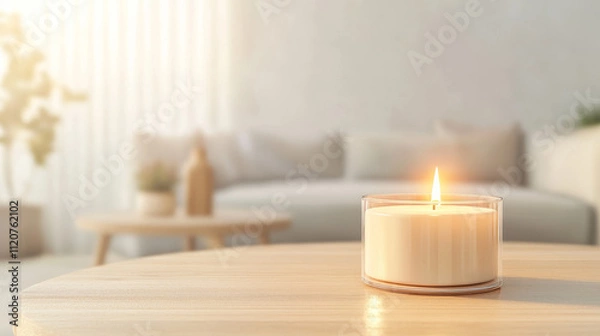 Fototapeta calming living room with lit candle on wooden table, creating warm and inviting atmosphere. soft light enhances serene environment, perfect for relaxation