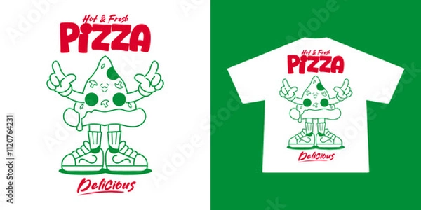 Fototapeta Funny cartoon character of pizza. Can be used as Sticker, posters, prints. Retro cartoon style. Vector illustration