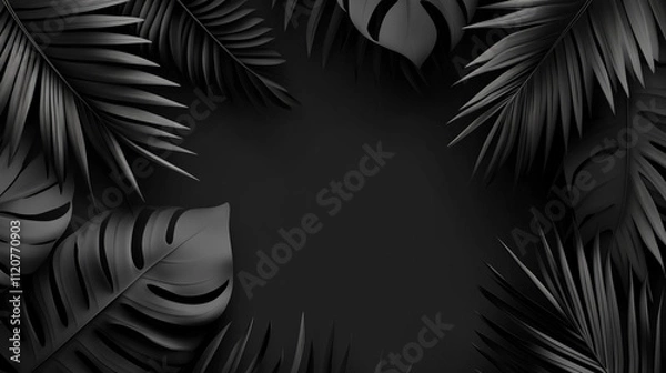 Fototapeta Elegant Black Tropical Leaves on Textured Dark Background. This image features elegant black tropical leaves arranged on a textured dark background, creating a sophisticated and mysterious jungle
