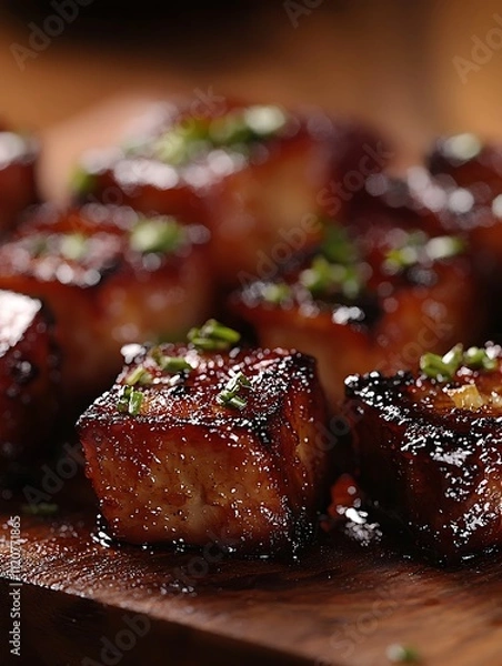 Obraz Close-up of Glazed Pork Belly Cubes Garnished with Chives on a Wooden Board.