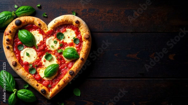 Obraz Heart-shaped pizza on a wooden serving board. Flat lay composition with copy space. Valentine's Day food concept. Design for menu, banner, poster, invitation, greeting card, postcard, wallpaper