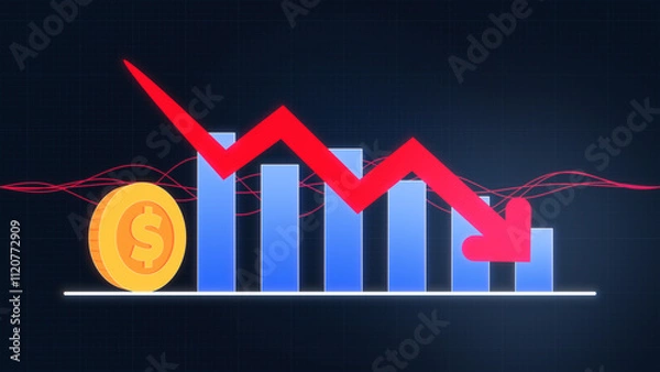 Fototapeta Red Arrow Down Profit Bar chart Graph Stock Money Coin Business Wave Stroke Line