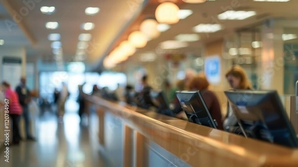 Fototapeta Inside a busy urban bank financial activity in a crowded environment during business hours