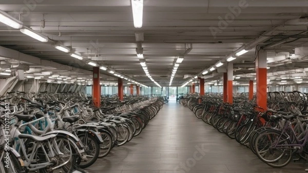 Fototapeta A covered bicycle parking area with a large number of bikes parked in a row