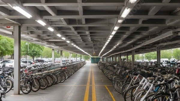 Fototapeta A covered bicycle parking area with a large number of bikes parked in a row