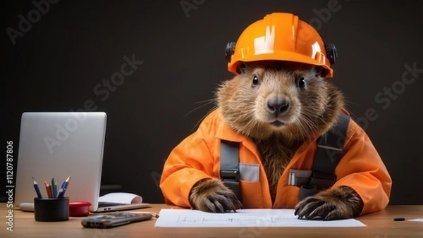 Fototapeta On a brown background, a beaver wearing a protective orange helmet and a serious expression while clutching a plan and pencil in its paws is an engineer working on a project.