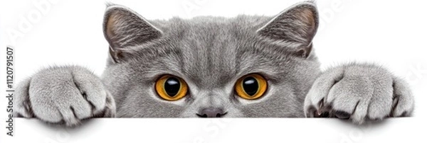 Obraz A curious gray cat peeking over a surface.