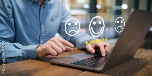 Fototapeta Customer Experience Evaluation with Laptop and Emoji Ratings