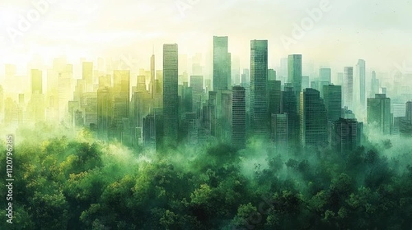 Fototapeta Futuristic Green Skyscrapers Utilizing Nature and Technology in a Vibrant Cityscape with Sustainable Design
