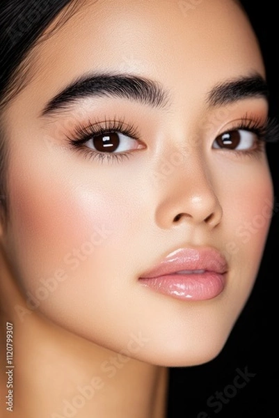 Fototapeta Close-up of a beautiful woman with thick eyebrows, soft pink lipstick, and glossy skin against a black background.