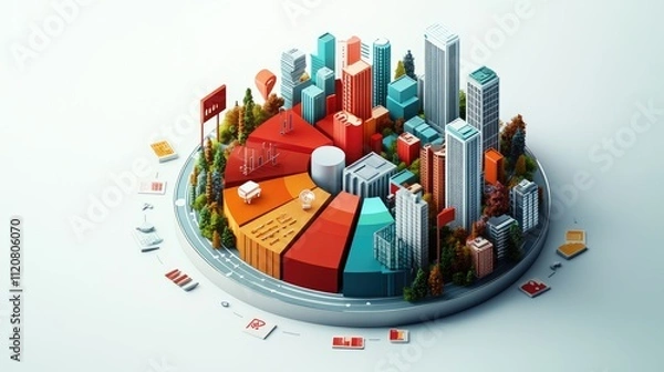 Obraz Isometric city model integrated into a pie chart, representing urban development and data analysis.