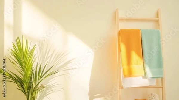 Fototapeta Functional drying rack in sunlit corner of a home setting.