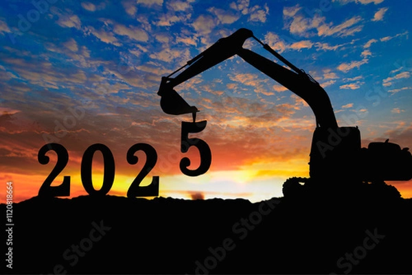 Fototapeta Concept happy new year 2025,crawler excavator silhouette with lift up bucket the number five .On sunrise backgrounds