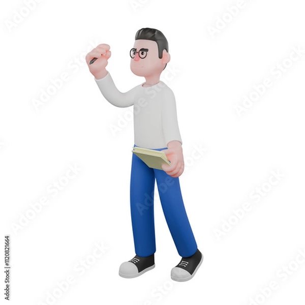 Fototapeta Creative Artwork Design of 3D Cartoon Cameraman Character. A Male Cameraman stands holding a camera in his left hand and the other hand is raised in front of his face. Illustration