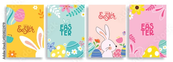 Fototapeta Happy easter clipart poster background set. Happy easter sunday wishes clip art collection with colorful abstract bunny, eggs and flowers decoration elements. Vector illustration greeting card design.